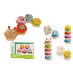 Blocuri educative din lemn omida vesela, 13 piese, forme geometrice, multicolor