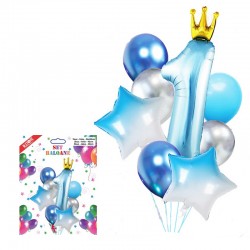 Set baloane petrecere, stelute si Cifra 1, folie metalizata, albastru