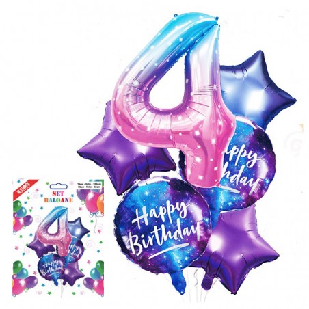 Kit 6 baloane folie metalizata, cifra 4, inaltime 100 cm, multicolor