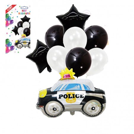 Aranjament baloane alb negru, tematica politie, set 9 bucati, folie latex