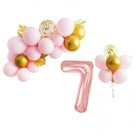 Aranjament 31 baloane, Cifra 7, inaltime 70 cm, roz auriu