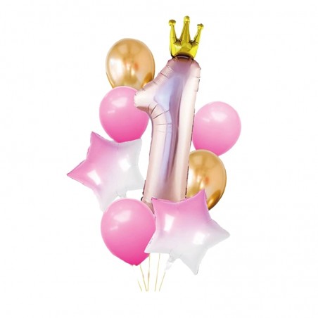 Kit aranjament baloane Princess, stelute si Cifra 1, folie metalizata, roz