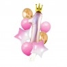 Kit aranjament baloane Princess, stelute si Cifra 1, folie metalizata, roz