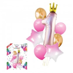 Kit aranjament baloane Princess, stelute si Cifra 1, folie metalizata, roz