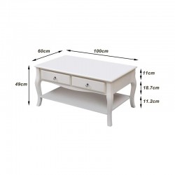 Masuta cafea 100x60x49 cm, picioare lemn pin alb, MDF, 2 sertare, raft depozitare
