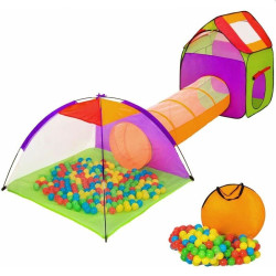 Loc de joaca 3 in 1, cort cu tunel de legatura si cub pliabil, lungime 375 cm, 100 bile