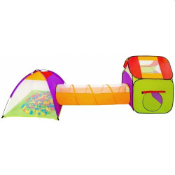 Loc de joaca 3 in 1, cort cu tunel de legatura si cub pliabil, lungime 375 cm, 100 bile