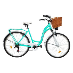 Bicicleta dama, 28 inch, Shimano 7 viteze, cadru otel, V-Brake, cos si portbagaj, turcoaz