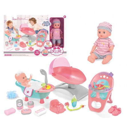 Papusa interactiva 35 cm, bea apa, face pipi, 12 sunete, 14 accesorii, leagan, scaun de masa, cadita baie