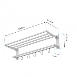 Suport pentru prosoape cu 5 carlige, 2 rafturi, lungime 60 cm, aluminiu, gri