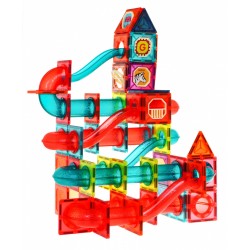 Set magnetic constructii, 145 piese multicolore, tobogan cu bile, jucatori multiplii, cutie depozitare