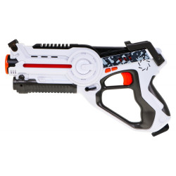 Set 2 pistoale cu laser, LED si semnale sonore, 4 tipuri de munitie, raza actiune 60 m, cu baterii