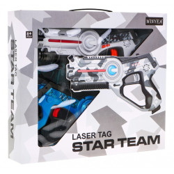 Set 2 pistoale cu laser, LED si semnale sonore, 4 tipuri de munitie, raza actiune 60 m, cu baterii