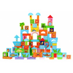 Set 100 blocuri constructii, animale marine si litere, diferite forme si culori