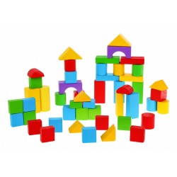 Set 50 cuburi pentru constructie, lemn, diferite forme si culori