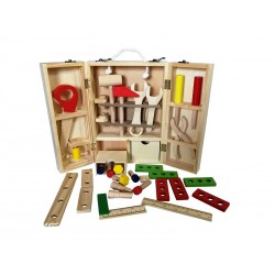 Trusa unelte si accesorii, in cutie de depozitare, kit bricolaj, confectionata din lemn, multicolor