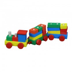 Tren de jucarie lemn, 18 piese, locomotiva si vagoane, forme geometrice, lungime 32 cm