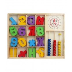 Joc educativ socotitoare din lemn, semne matematice, ceas, 34 piese multicolore