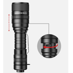 Lanterna Superfire F5, zoom, 10 W. 900 lm, 260 m, 5 moduri, incarcare USB, aluminiu, negru