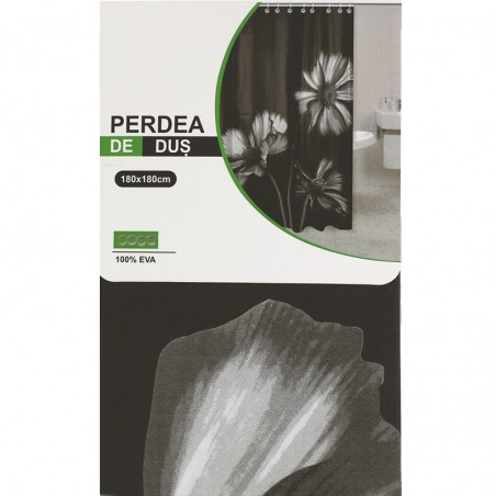 Perdea de dus alb negru, model cu flori, material rezistent PEVA, 180 x 180 cm