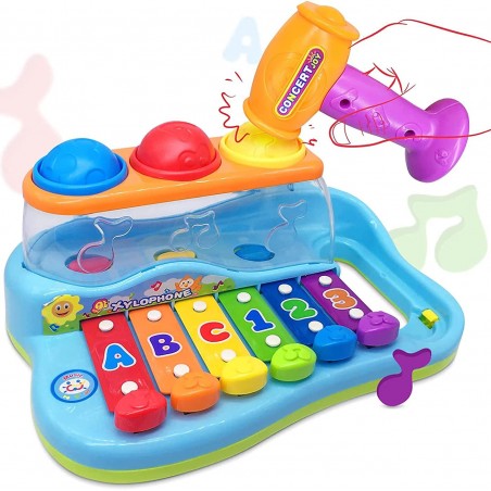 Pian interactiv, chimvale multicolor cu ciocan, mingi efecte sonore, cifre si litere