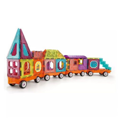 Set magnetic, constructie tren, jucarie DIY cu 71 piese, diverse forme geometrice, multicolor