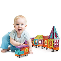 Set magnetic, constructie tren, jucarie DIY cu 71 piese, diverse forme geometrice, multicolor