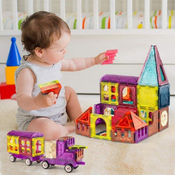 Set magnetic, constructie tren, jucarie DIY cu 71 piese, diverse forme geometrice, multicolor
