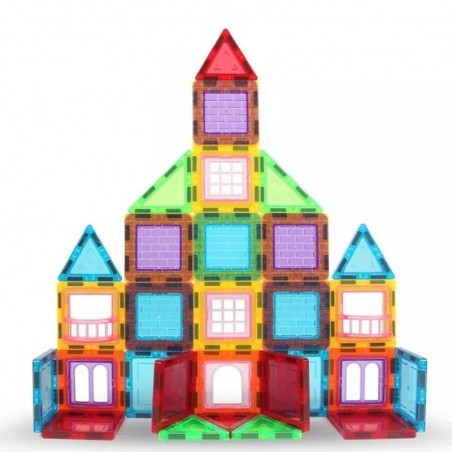 Set constructii magnetic cu 45 piese, multicolor, Magnetic Tiles, castel 3D