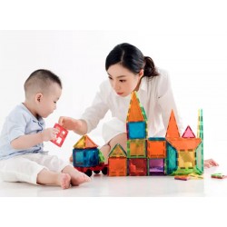 Set constructii magnetic cu 45 piese, multicolor, Magnetic Tiles, castel 3D