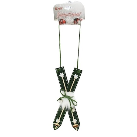 Decoratiune brad, model schiuri, dimensiune 9 x 28 cm, verde