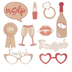 Set 10 propsuri petrecere, Team Bride, selfie, carton dur, culoare roz alb