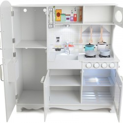 Bucatarie pentru copii, lemn alb, chiuveta, aragaz, frigider, rafturi, 91x102.5x30 cm