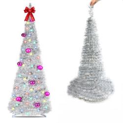 Brad artificial pop-up, decorat cu globuri, luminite, inaltime 210 cm, argintiu