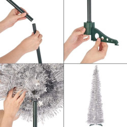 Brad artificial pop-up, decorat cu globuri, luminite, inaltime 210 cm, argintiu