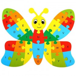 Puzzle din lemn, Fluturas multicolor, piese alfabet, 22x19 cm