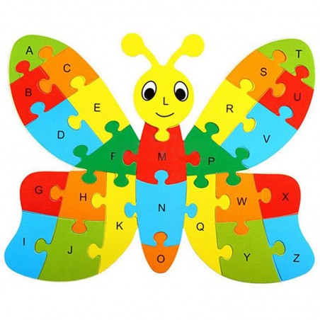 Puzzle din lemn, Fluturas multicolor, piese alfabet, 22x19 cm