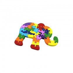 Puzzle din lemn, Elefant multicolor, piese literele alfabetului, 25x18 cm