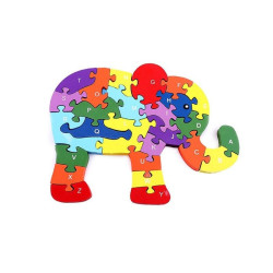 Puzzle din lemn, Elefant multicolor, piese literele alfabetului, 25x18 cm