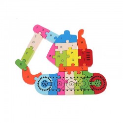 Puzzle din lemn, forma Excavator, piese multicolor alfabet, 21x25 cm