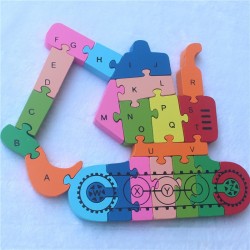 Puzzle din lemn, forma Excavator, piese multicolor alfabet, 21x25 cm