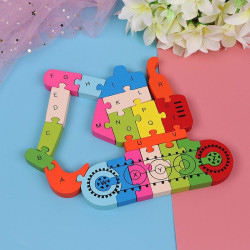 Puzzle din lemn, forma Excavator, piese multicolor alfabet, 21x25 cm