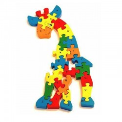 Puzzle din lemn alfabet, forma girafa, 30 x 17 cm, multicolor