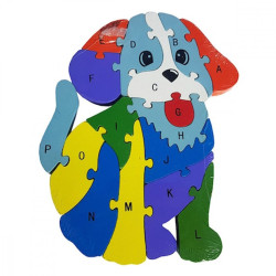 Puzzle catelus din lemn, piese alfabet, 27 x 18 cm, varsta 3 ani+