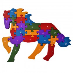 Puzzle educativ din lemn, model cal, piese alfabet, multicolor, 3 ani+