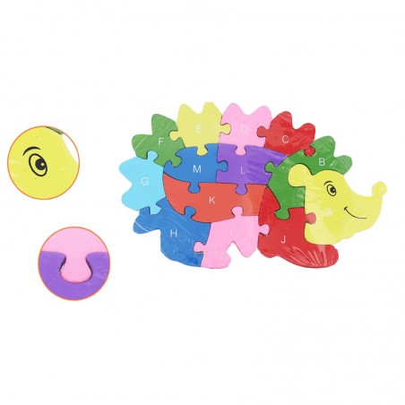 Puzzle alfabet din lemn, forma arici, 26 piese, multicolor