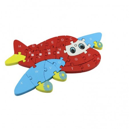 Puzzle din lemn cu litere, forma avion, 33 x 20 cm, 3 ani+