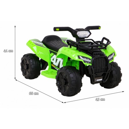 Quad electric pentru copii, 25W, melodii, LED fata, USB, AUX, buton acceleratie, 68x43x41 cm, verde/negru