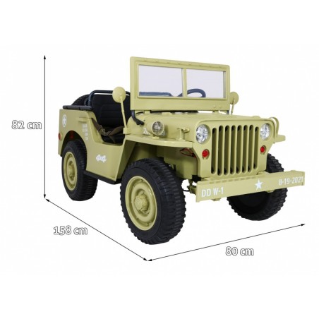 Masinuta electrica militara retro, Jeep off road 3 locuri, 4x45W, baterie 12V/14Ah, USB, MP3, Bluetooth, Matcha