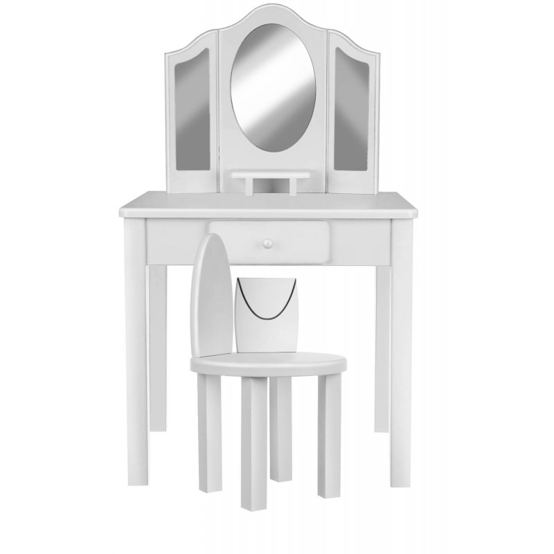 Set masa de toaleta pentru fetite 81x32x46 cm, scaun, 3 oglinzi, sertar, design elegant, alb, RESIGILAT